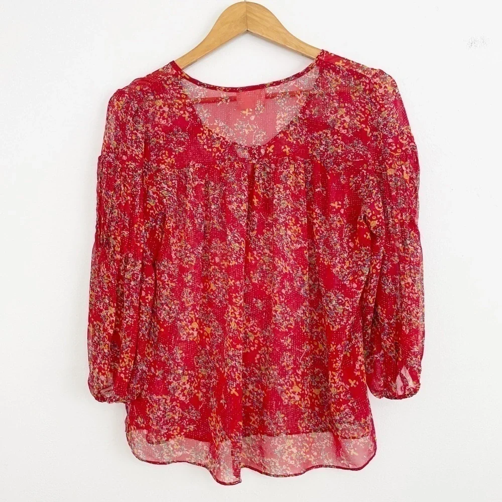 Anthropologie Pins & Needles Boho Red Floral Semi Sheer Long Sleeve Casual Top S - Picture 9 of 15